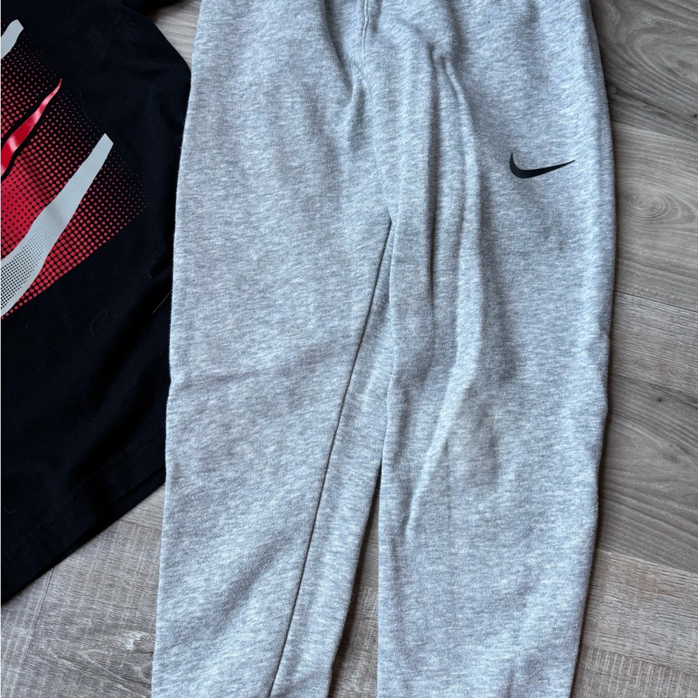 Nike Kids Black Tee with Red & Silver Swoosh Graphic and Gray Sweatpants - Picture 3 of 3
